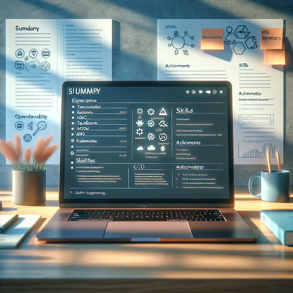 Professional platform engineer resume on a desk with cloud icons and code excerpts