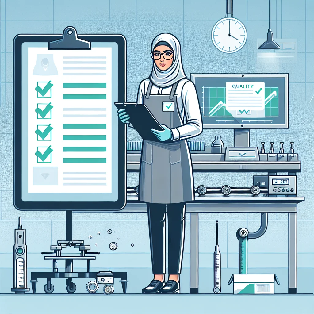 A professional quality control inspector checks product samples on an inspection bench with charts in the background