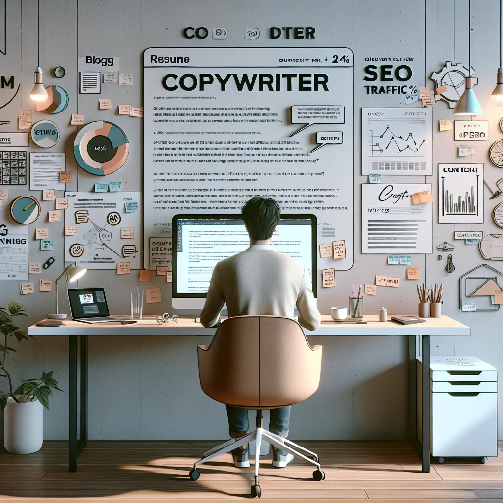 Creative copywriter working at desk reviewing resume template with digital portfolio link.