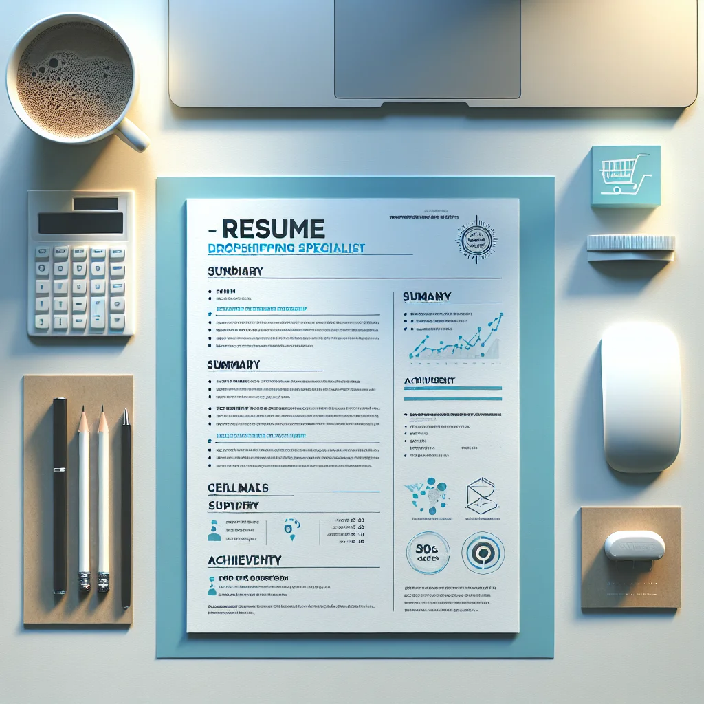 Illustration of a professional resume for a dropshipping specialist, highlighting summary, achievements, and key skills.