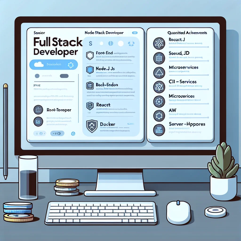 Illustration of a strong full stack developer resume layout with headline, summary, skills, and quantified achievements