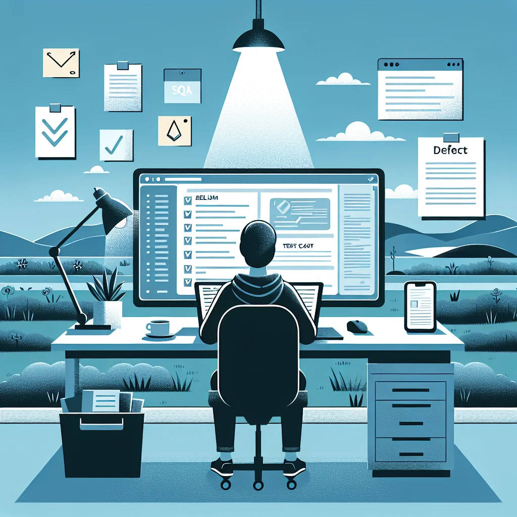 QA analyst at a desk reviewing test plans and tracking defects on a dashboard