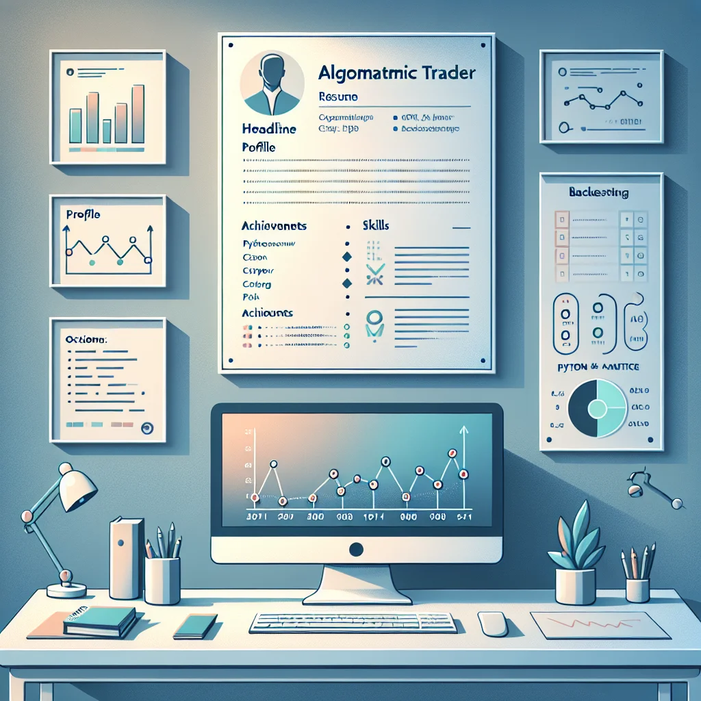 Illustration showing a resume tailored for algorithmic trading roles, featuring code snippets, graphs, and a clean layout.