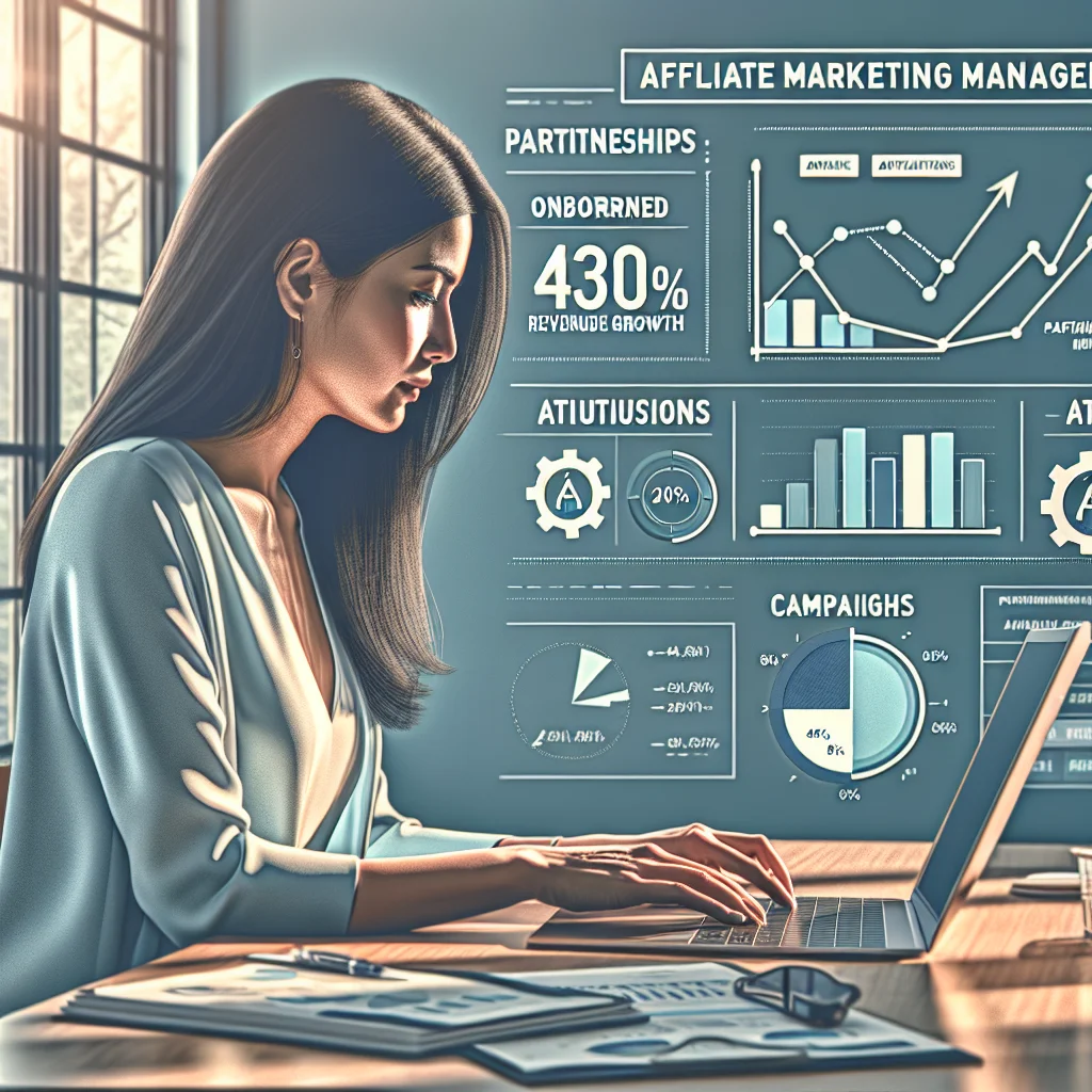 Professional resume layout for an Affiliate Marketing Manager showing a headline, profile summary, and quantified achievements across campaigns and partnerships