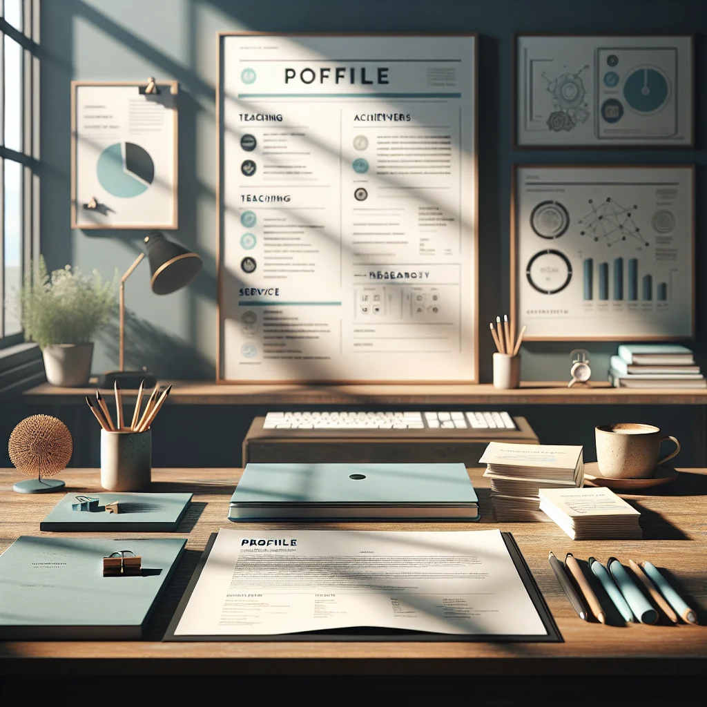 A tidy desk with a professional resume, research papers, a laptop, and a chalkboard, ready for review