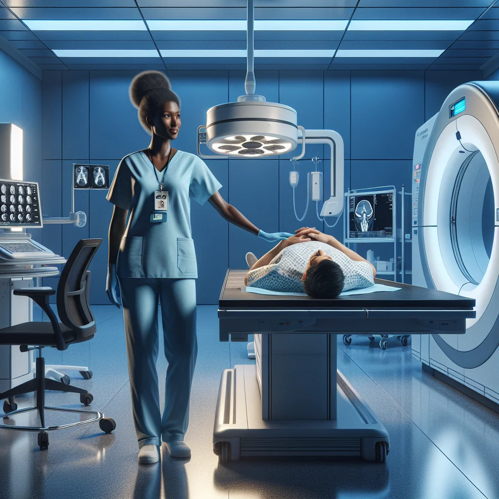 Radiology technician calibrating imaging equipment beside a patient in a modern radiology suite.