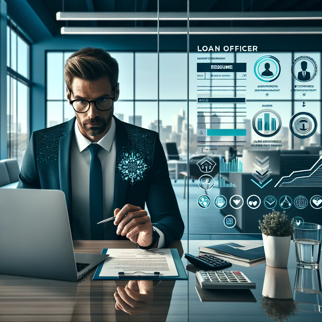 A recruiter reviewing a loan officer resume on a desk with charts and a pen