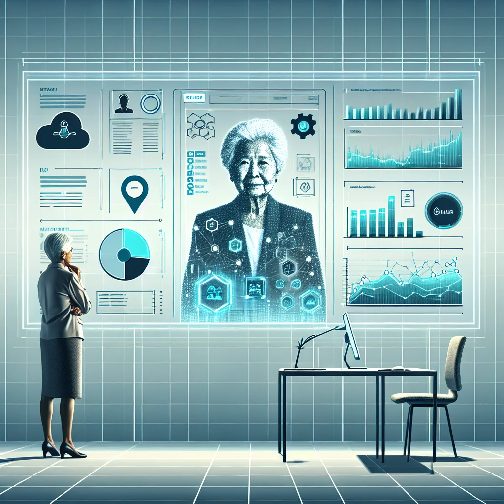 Illustration of a professional evaluating a digital transformation project with charts and gears.
