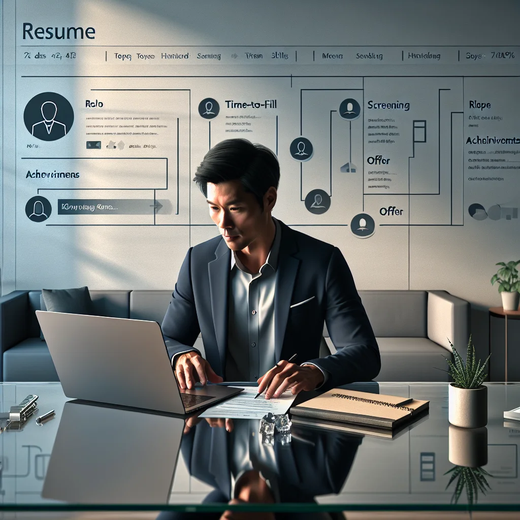 A recruiter reviews multiple resumes on a laptop, illustrating a strong resume for talent acquisition specialists.