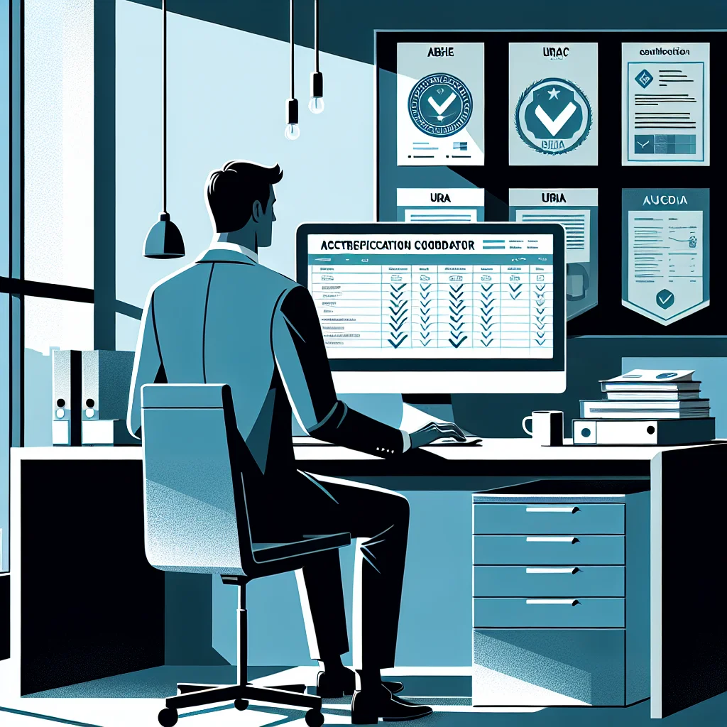 Professional accreditation coordinator at a desk reviewing audits, with regulatory badges suggesting ABHES, URAC and NCQA standards