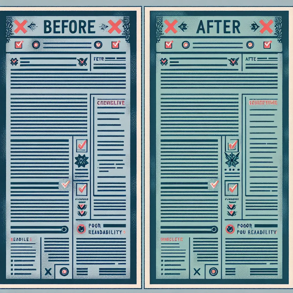 Side-by-side editor resume before and after showing improved headline, summary, and quantified achievements