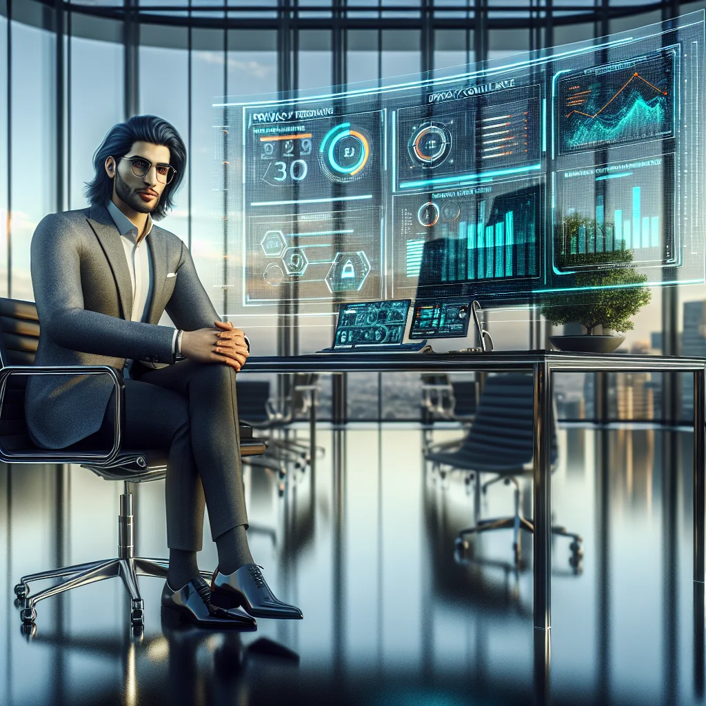 Illustration of a Data Privacy Officer reviewing a compliance dashboard showing GDPR, DPIA, and risk indicators.