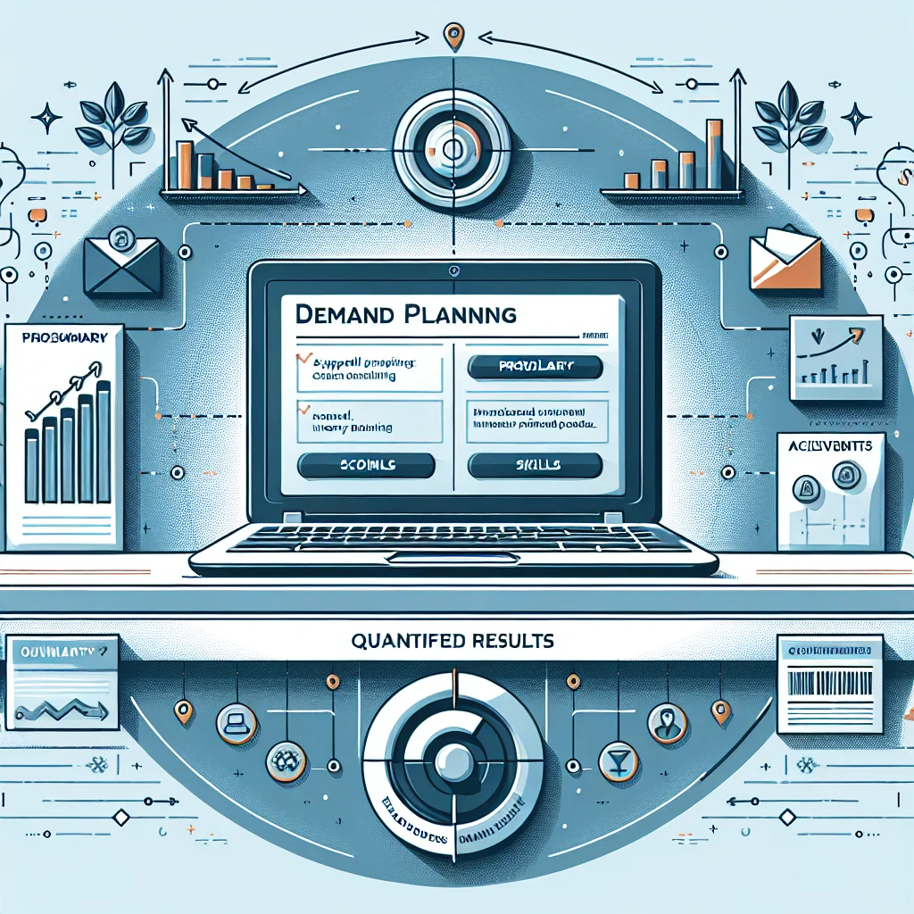Illustration showing a demand planning analyst resume with forecast charts, S&OP workflow, and cross-functional teamwork