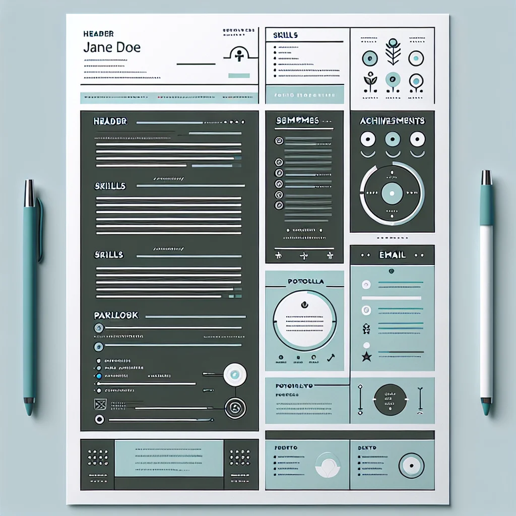 Modern graphic designer resume layout with sections for skills, projects, and visual portfolio links