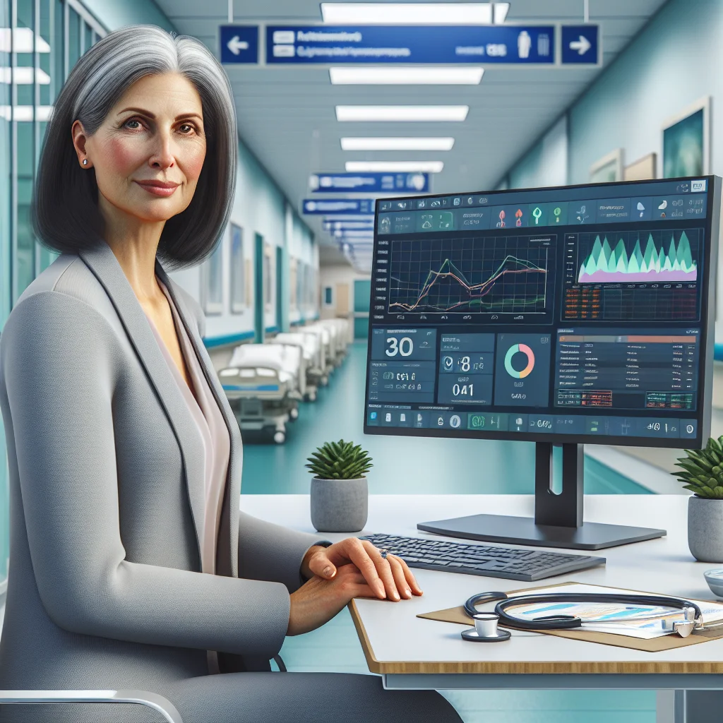 Healthcare administrator coordinating staff, patient flow, and compliance in a busy hospital setting