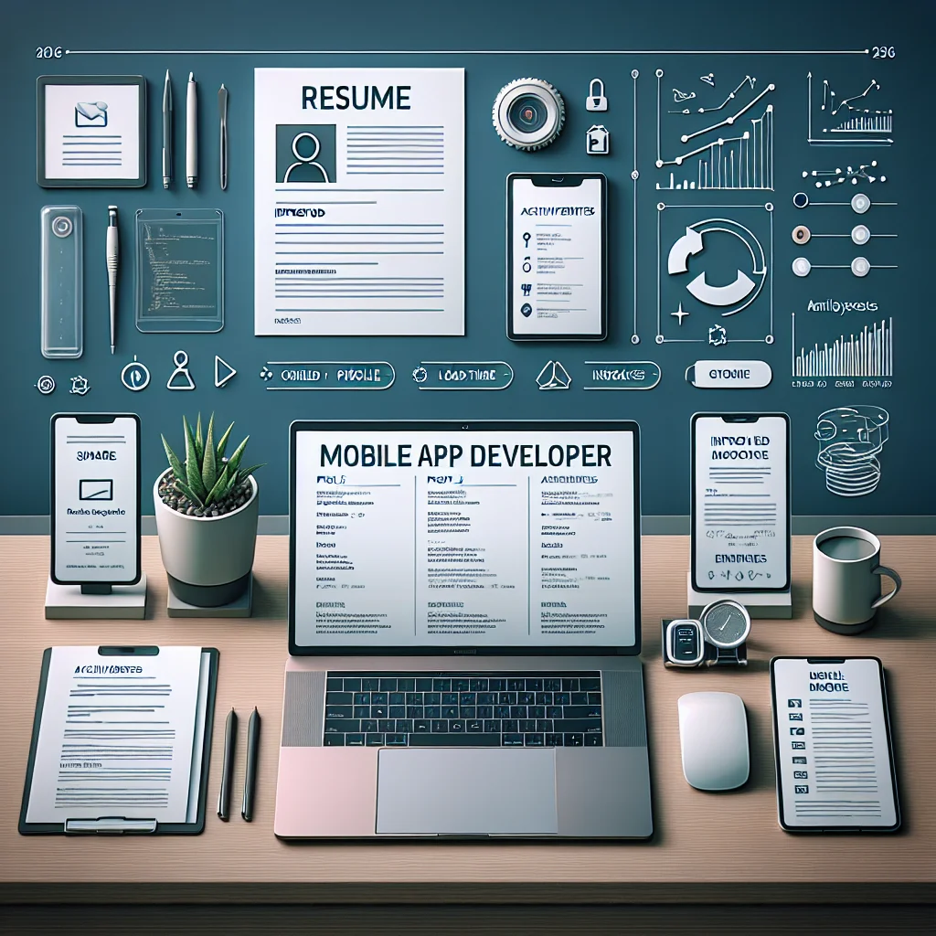 Hero image showing a resume on a laptop screen with headlines, metrics, and mobile app icons