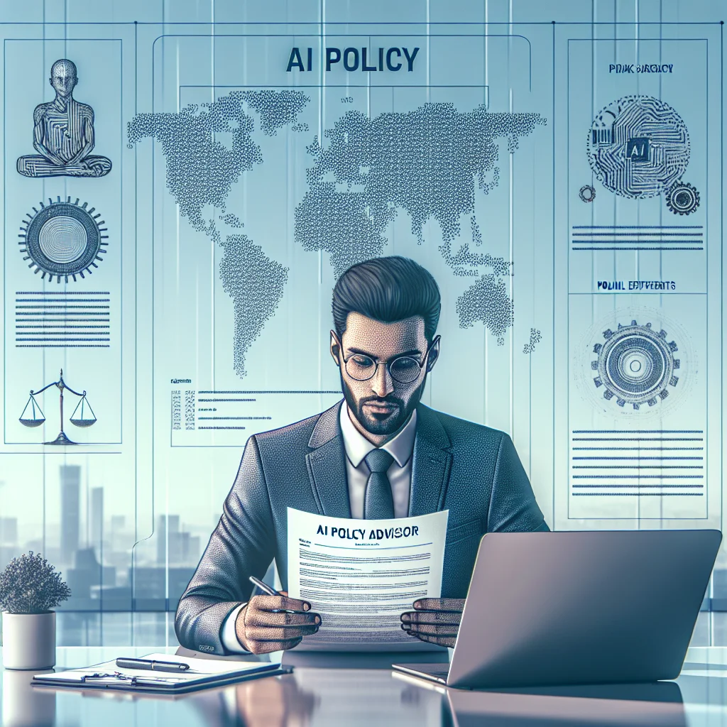 Illustration of a resume for an AI policy advisor with headlines and achievement bullets, set on a desk with AI governance icons