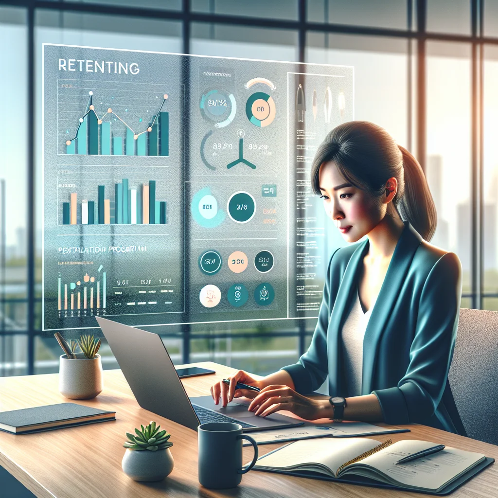 Illustration of a professional reviewing a loyalty program resume with data visuals and KPI charts