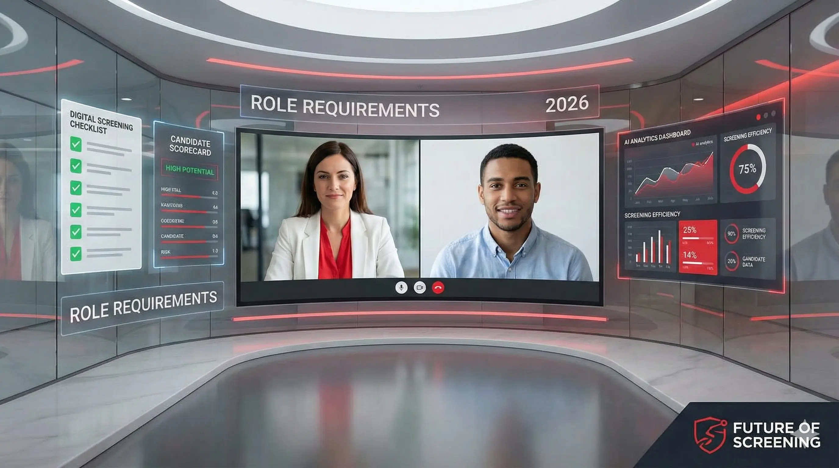 HR professional conducting screening interview with candidate via video call, displaying screening checklist and candidate profiles on digital dashboard in modern 2026 recruitment office