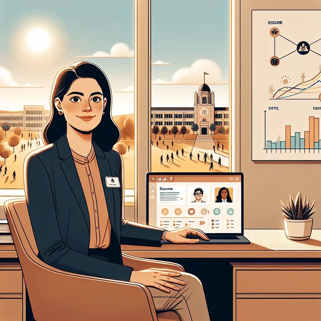 Admissions counselor reviewing a resume on a laptop with campus imagery and data charts showing enrollment growth.