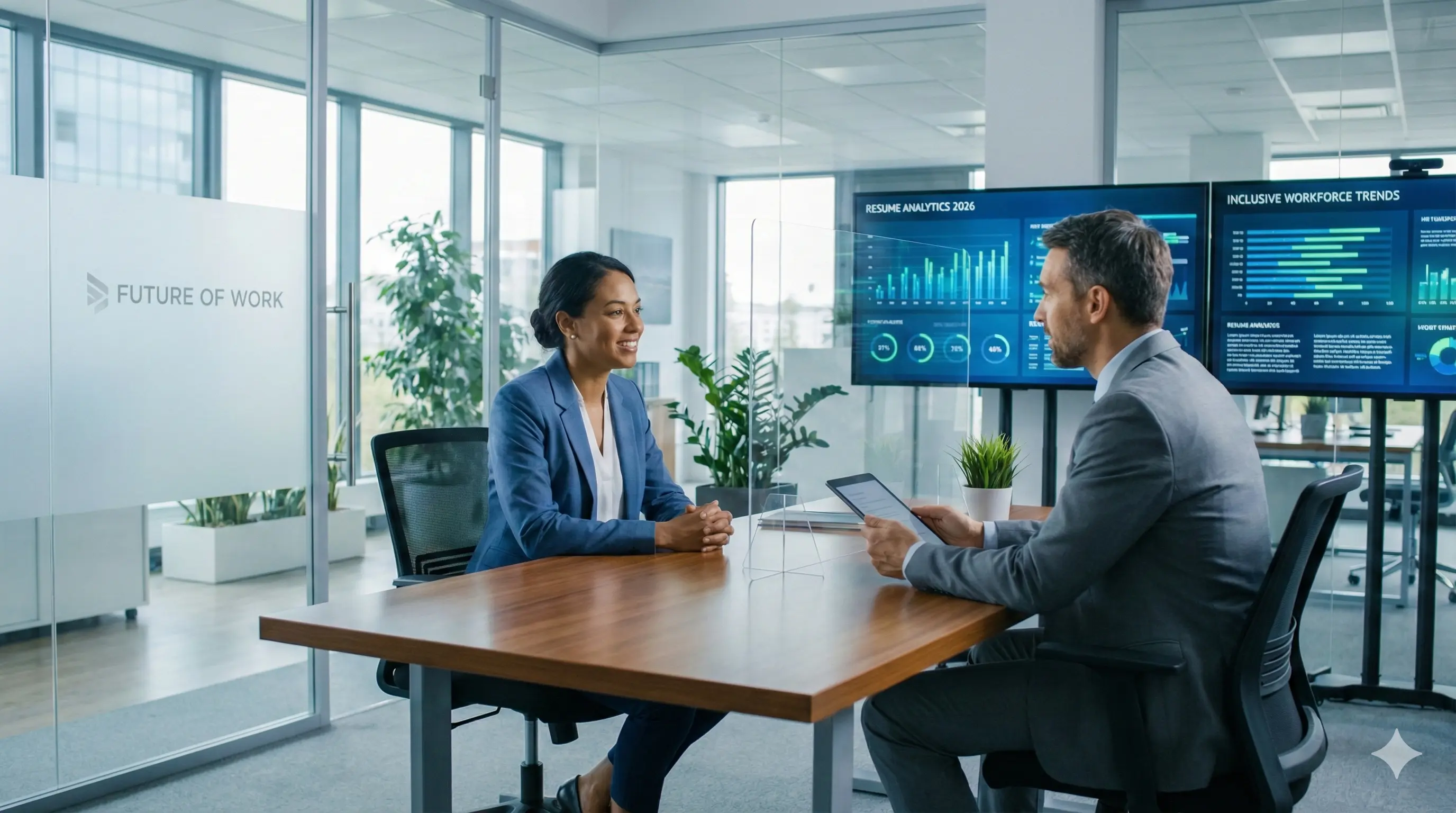 Professional candidate confidently answering HR interview questions in a modern office setting, showcasing preparation and success in 2026 job market