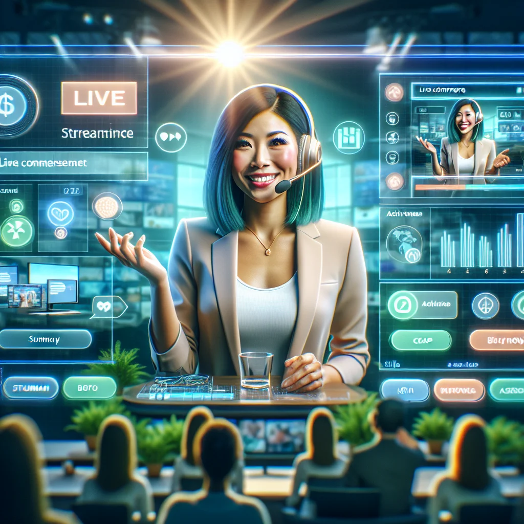 A dynamic live commerce host presenting products to a live audience, combining on-camera charisma with real-time product demos.