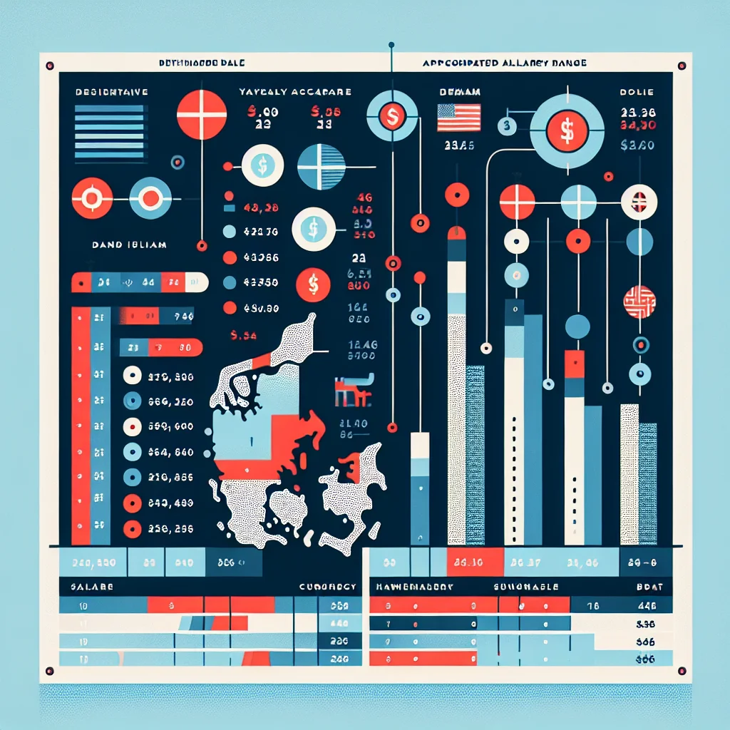 Infographic showing the top 20 highest paying jobs in Denmark with salary ranges and sector icons.